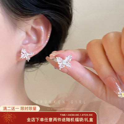 粉色猫眼石蝴蝶耳钉耳环