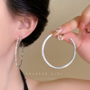 爆闪银色锆石大耳圈耳环女款圆圈方圆脸无耳洞耳夹夸张大圈圈耳饰