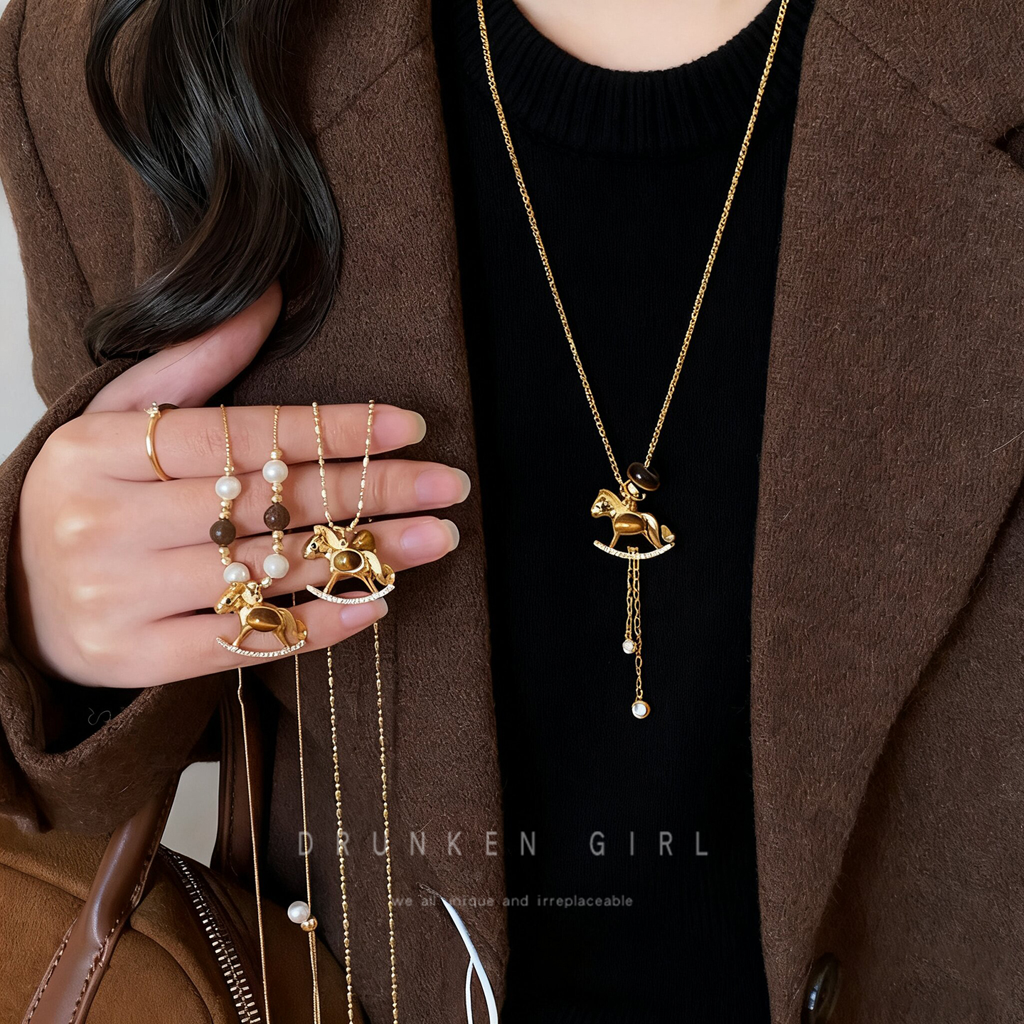 金色虎眼石小马珍珠项链女秋冬