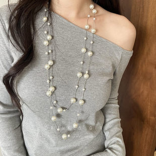 满天星多层珍珠叠戴项链女秋冬轻奢小众高级感颈链长款毛衣链配饰