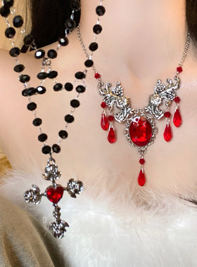 红色水滴十字架流苏项链女
