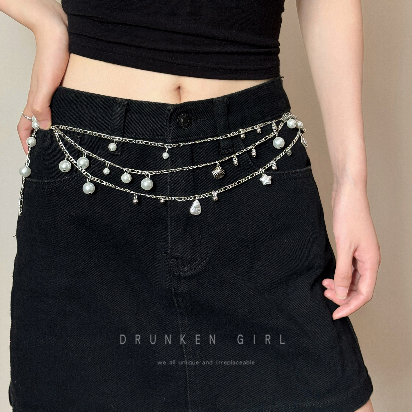 穿搭日常 韩系ins风多层珍珠贝壳腰链配饰女设计感小众牛仔裤腰带