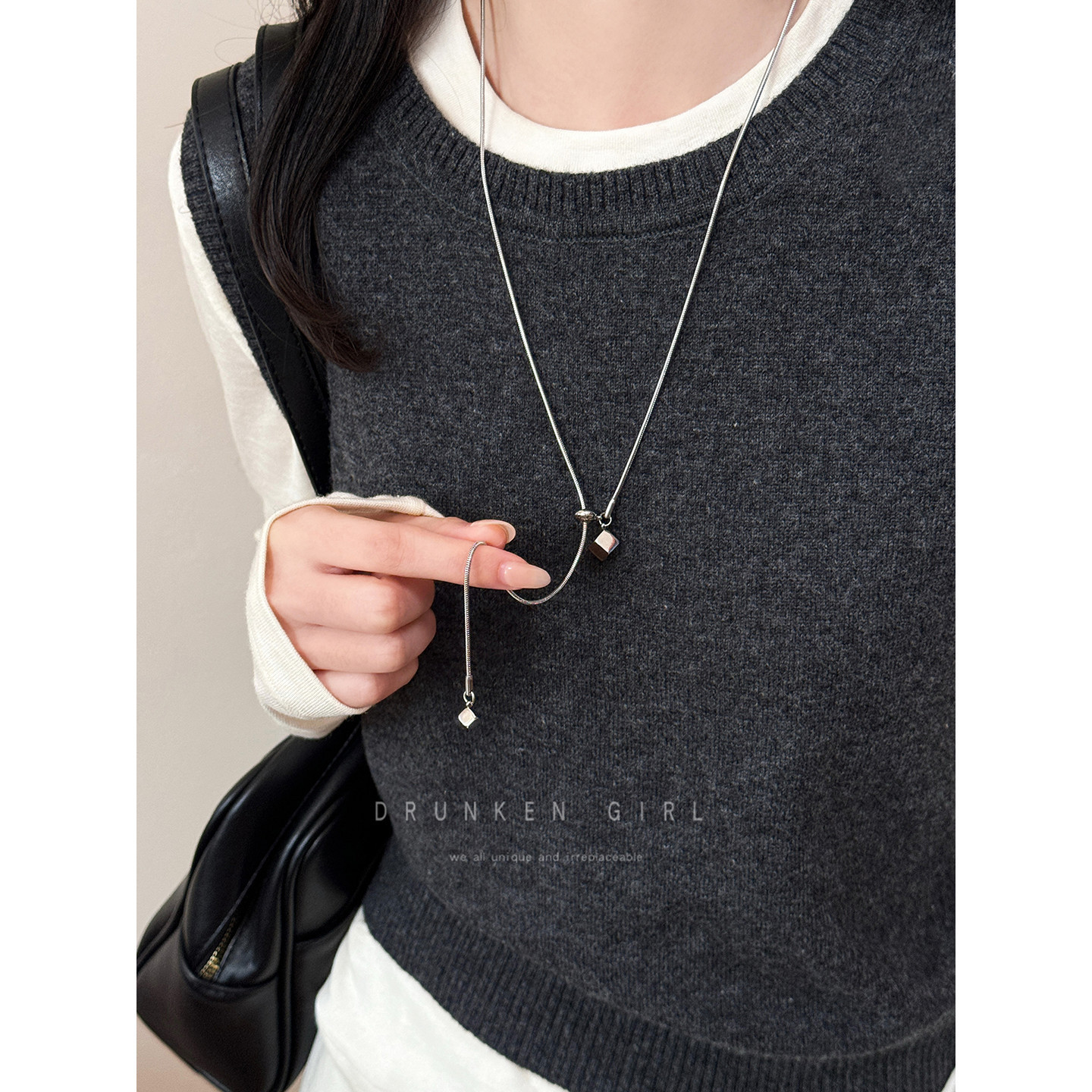 韩系银色钛钢方糖项链女秋冬