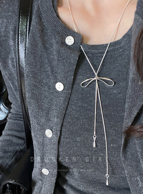 MIU系蝴蝶结吊坠长款抽拉项链