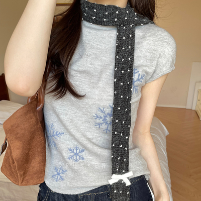 韩系波点蝴蝶结小围巾女细窄长条