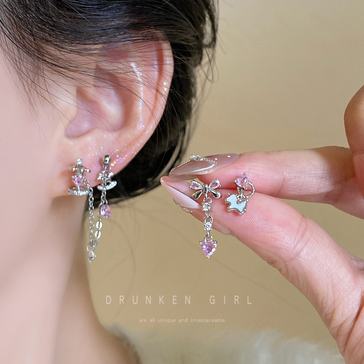 钛钢蝴蝶结爱心小马双耳洞耳钉女