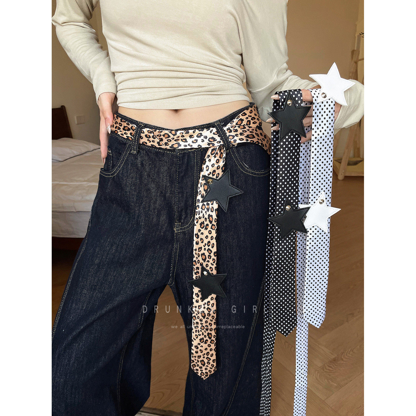 千禧辣妹豹纹系脖丝巾领带女