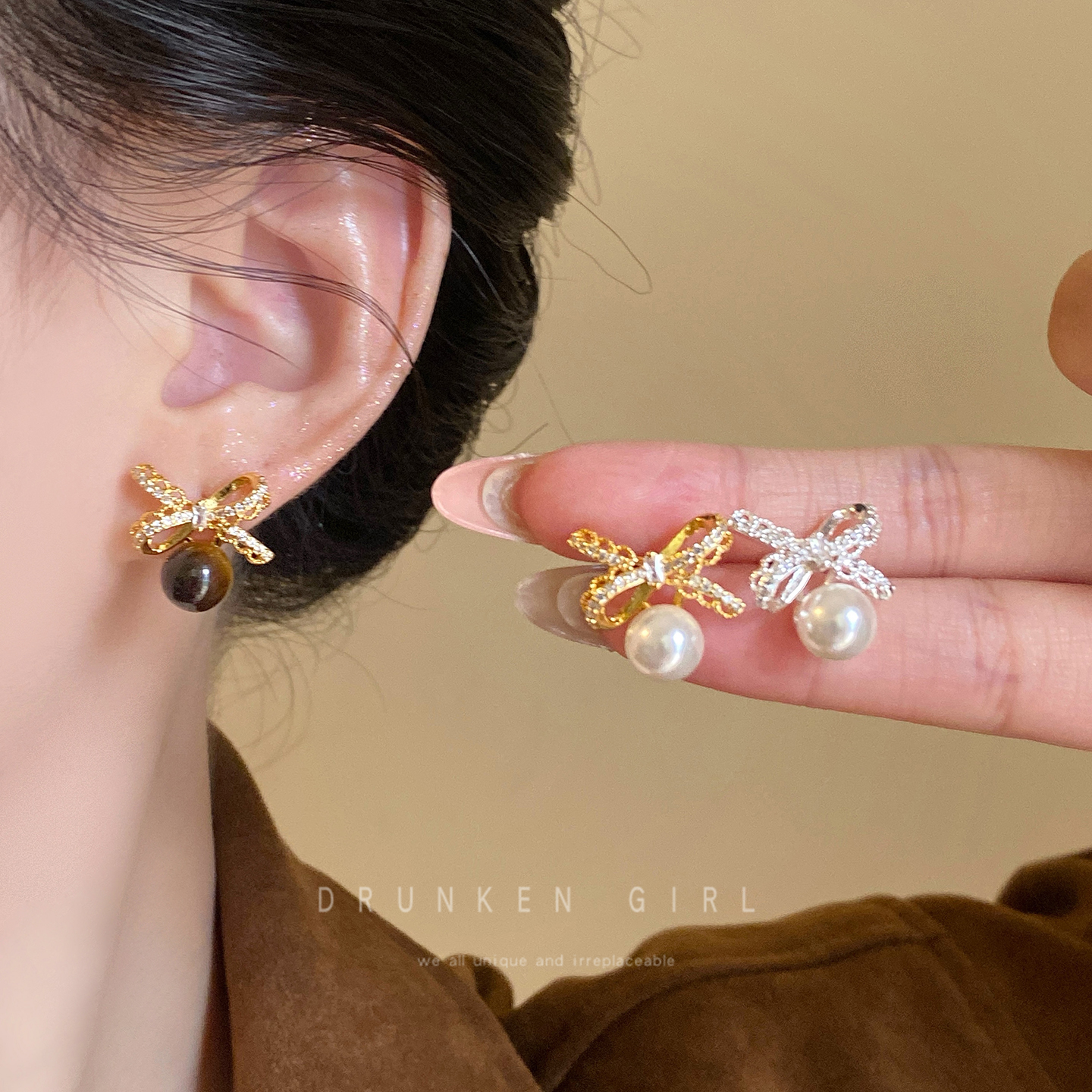 金色蝴蝶结珍珠耳钉女秋冬