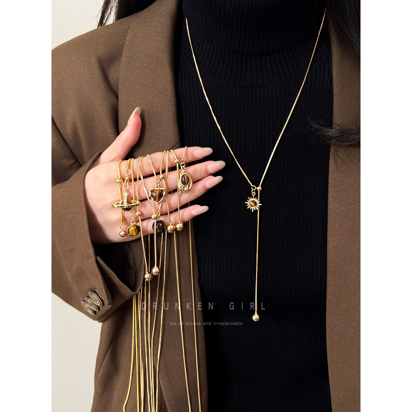 秋冬金色太阳花虎眼石项链女款