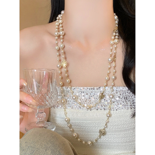 法式山茶花珍珠项链女大气高档高级感毛衣链2026新款双层叠戴配饰