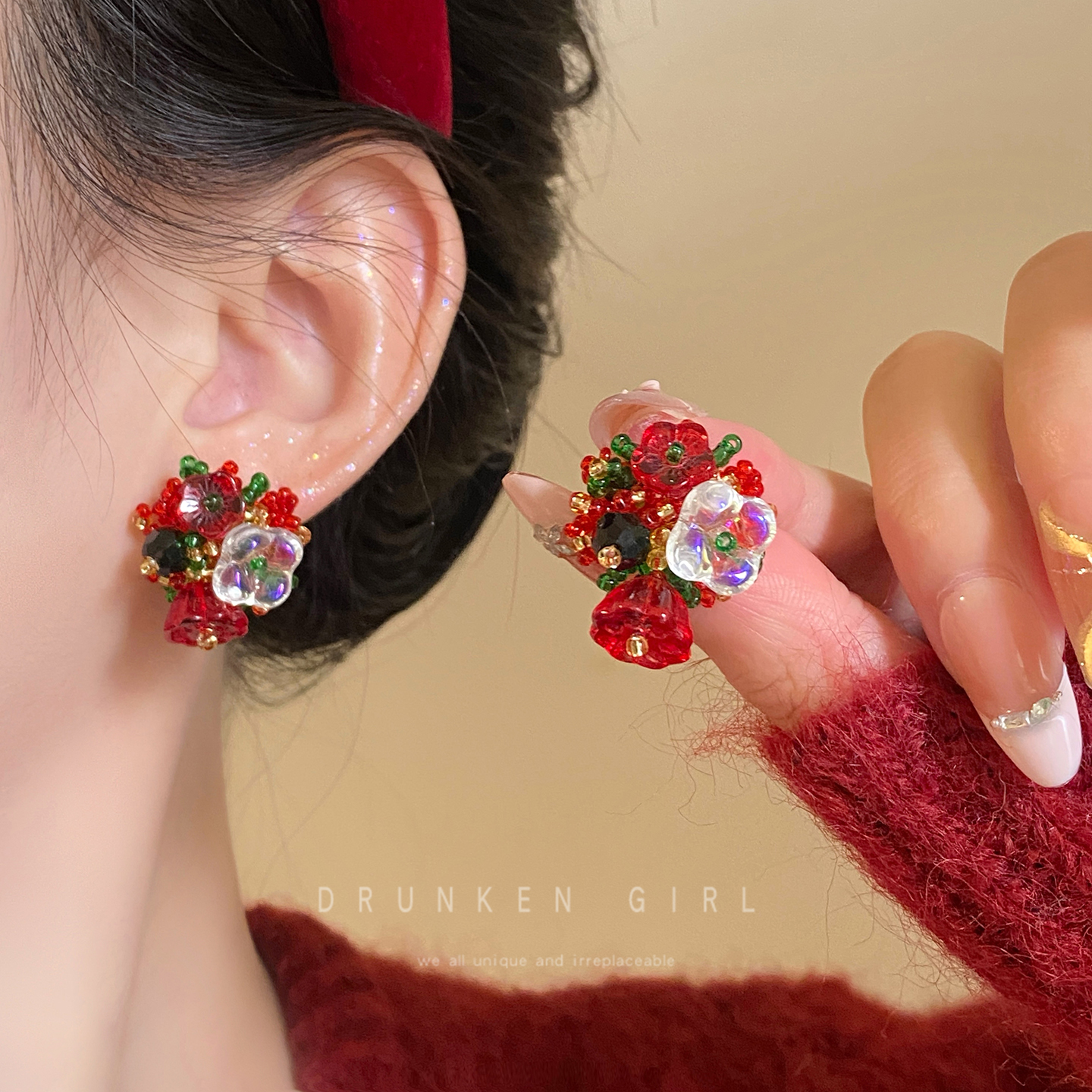 圣诞红色花朵串珠耳钉女秋冬
