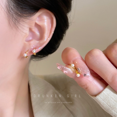 mini耳皮钉~金色珍珠耳圈