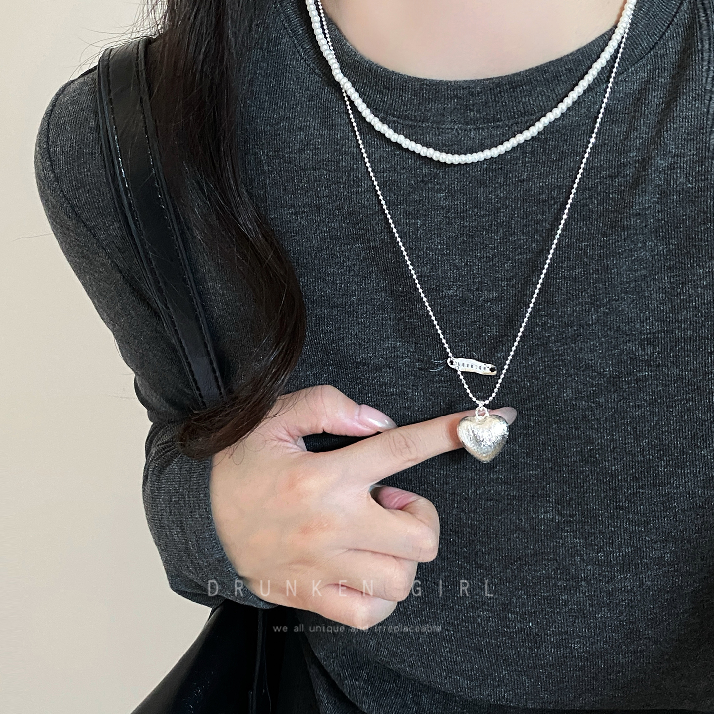 银色拉丝爱心珍珠项链女