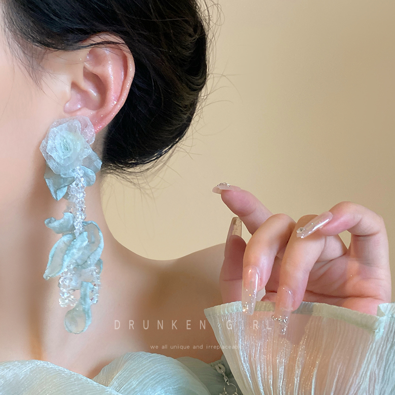 海边度假风花朵串珠流苏耳钉