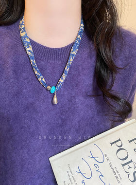 蓝色碎花爱心水滴丝巾项链女