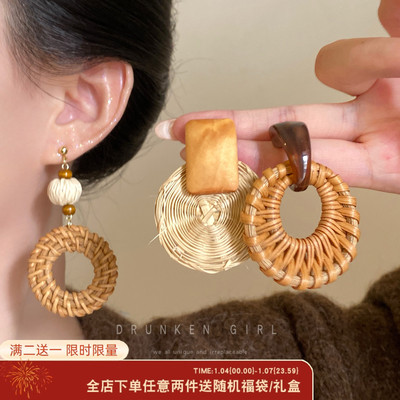 夸张海岛藤编耳钉女波西米亚