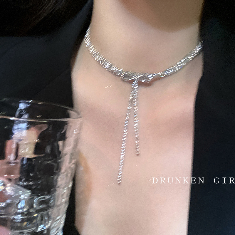 蝴蝶结锆石流苏长款项链