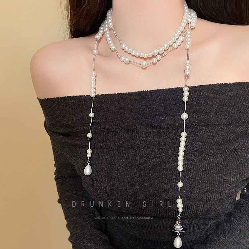 西太后多层珍珠流苏星球项链女款秋冬长款叠戴穿搭礼服毛衣链配饰