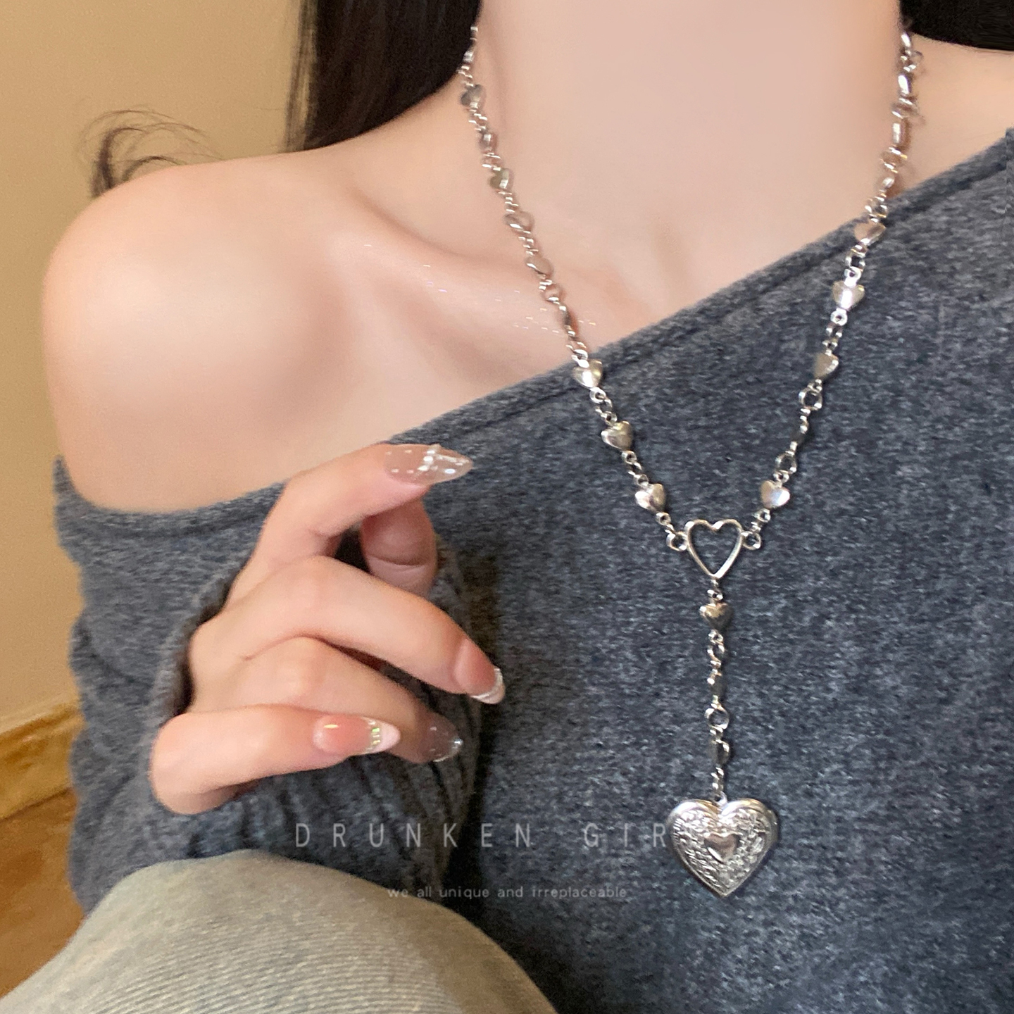 古着雕花爱心项链女款秋冬