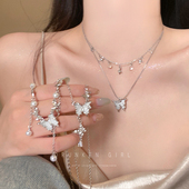 双层叠戴蝴蝶珍珠流苏项链女小众设计轻奢高级感锁骨链配裙子配饰