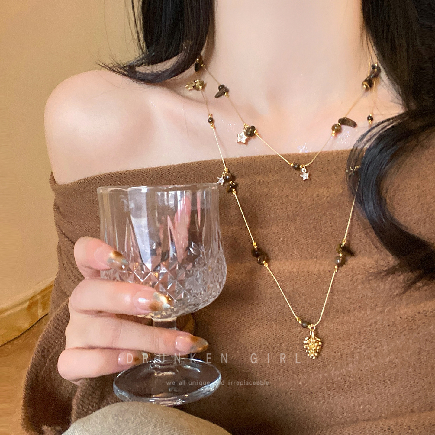 金色虎眼石星星松果项链女秋冬