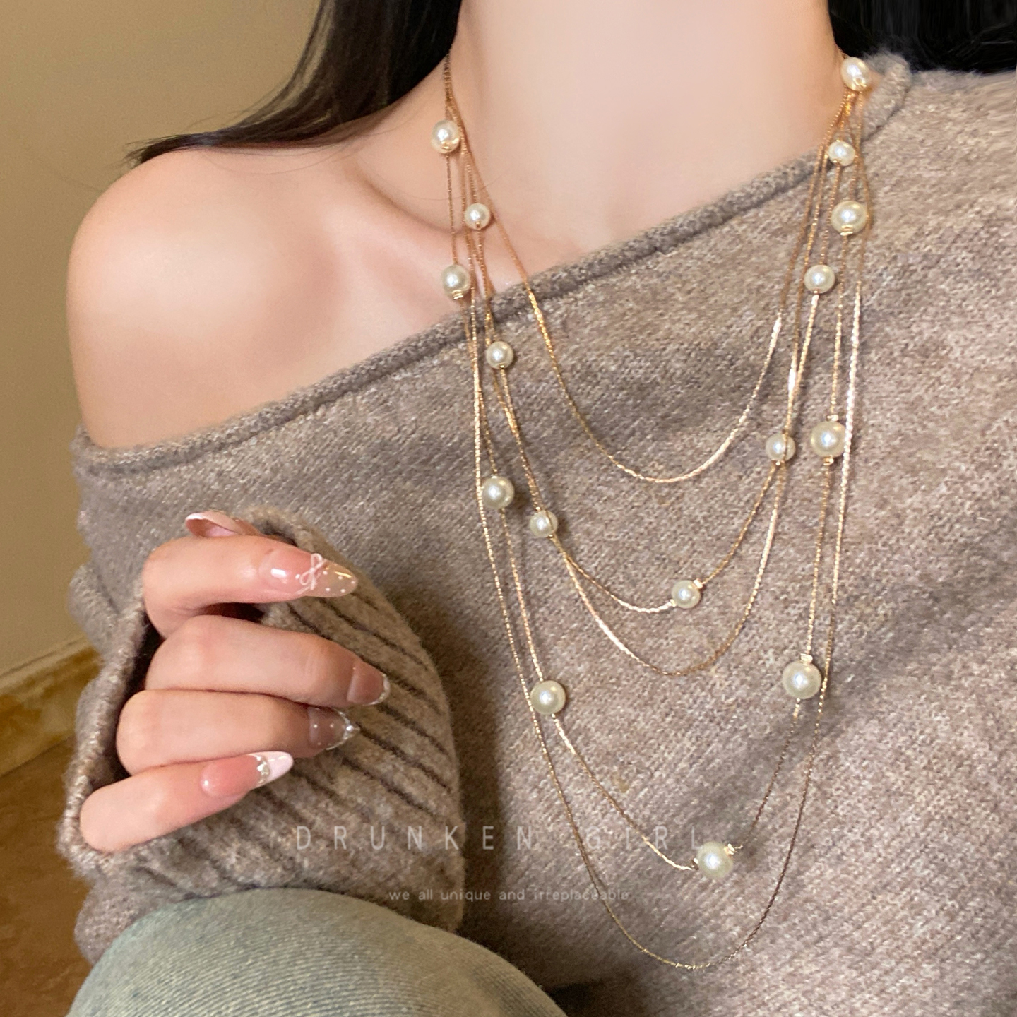 vinage多层满天星珍珠项链女