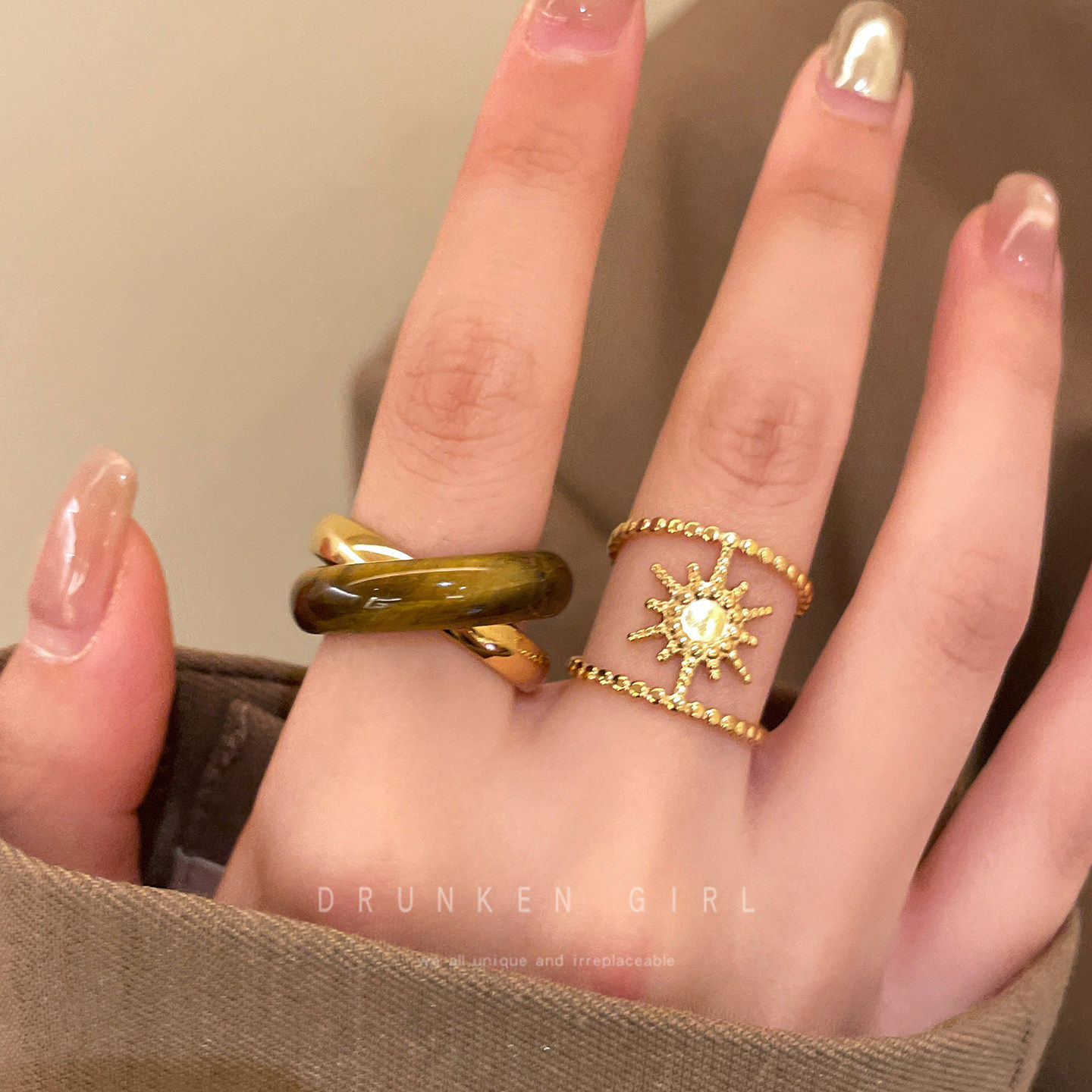 金色虎眼石交叉双圈戒指女小众独特设计感食指戒复古个性叠戴指环,饰品/流行首饰/时尚饰品新,戒指/指环,淘宝优惠券,粉丝福利购,淘宝优惠卷