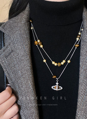 美拉德虎眼石叠戴毛衣项链