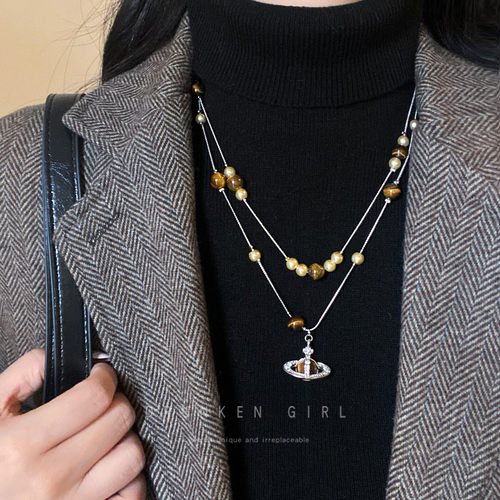 美拉德虎眼石叠戴毛衣项链