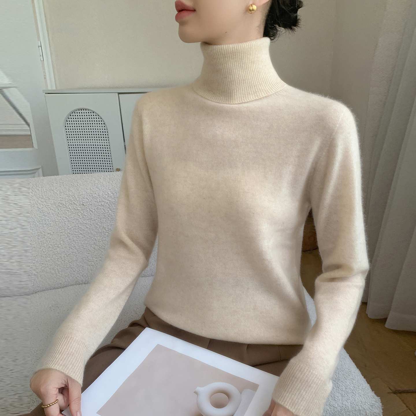 高翻领山羊绒衫女纯色保暖内搭