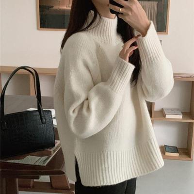 秋冬新款高领开叉山羊绒衫女慵懒风宽松加厚软糯保暖针织打底毛衣
