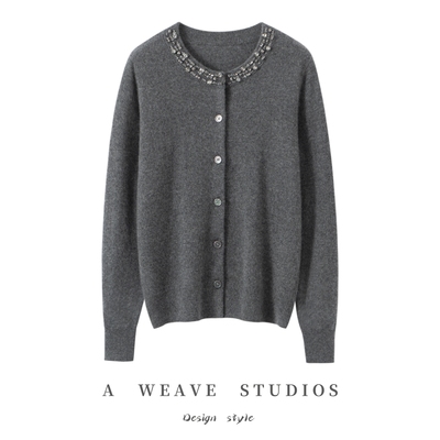 100纯山羊绒圆领开衫女韩版宽松