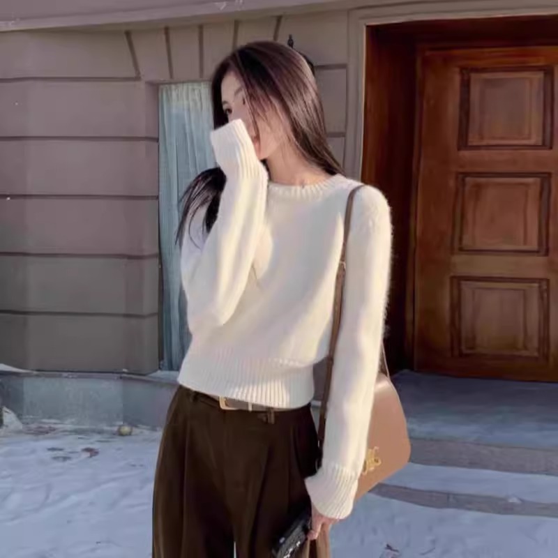 秋冬新款圆领山羊绒衫女气质短款收腰显瘦宽松内搭套头毛衣打底衫