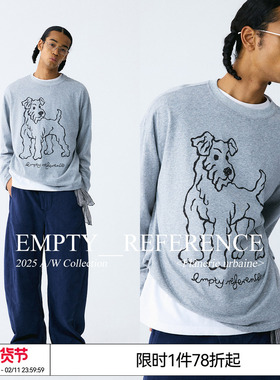 EMPTY REFERENCE雪花肌理手绘猎狐梗印花宽松上衣长袖T恤打底衫