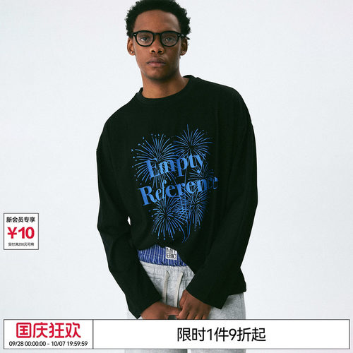 EMPTY REFERENCE黑色上衣复古烟火字母印花打底雪花棉宽松长袖T恤
