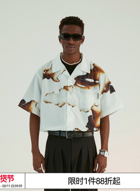 TizzyT 张极 邓为 EMPTY REFERENCE印花短袖情侣衬衫宽松休闲衬衣