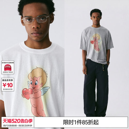 EMPTY REFERENCE白色雪花肌理手绘卡通天使印花打底衫凉感短袖T恤