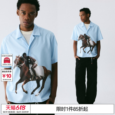 EMPTY REFERENCE海盐蓝落肩古巴领骑马者复古印花刺绣短袖衬衫