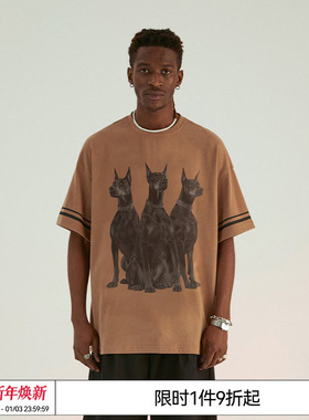 EMPTY REFERENCE杜宾犬印花圆领T恤夏季落肩情侣短袖 蔡程昱同款