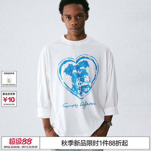 EMPTY REFERENCE白色手绘陪伴小狗印花上衣打底雪花棉宽松长袖T恤