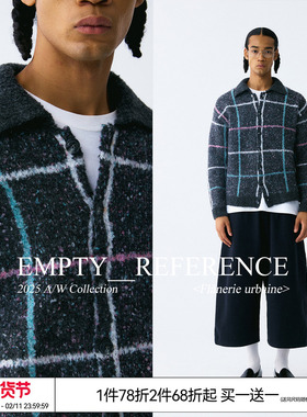 EMPTY REFERENCE羊毛斑驳质感复古格纹翻领重磅针织毛衣开衫外套