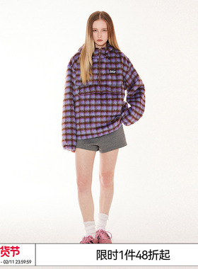 特惠6折起EMPTY REFERENCE复古拼色格纹刷毛大口袋抽绳连帽卫衣