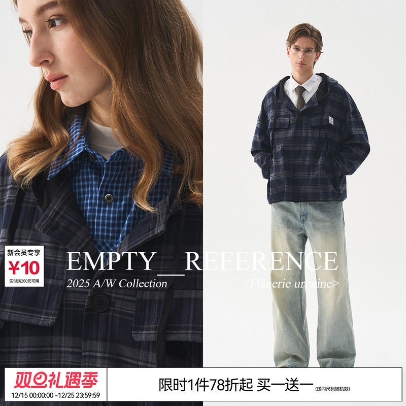 EMPTY REFERENCE 蓝色复古格纹结构抽绳宽松休闲格子夹克连帽外套