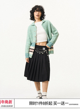 何广智 石凯 EMPTY REFERENCE 美式绿色条纹羊毛针织开衫外套