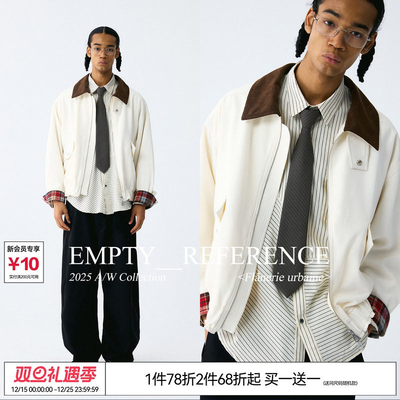 EMPTY REFERENCE翻领拼色复古格纹袖牌灯芯绒宽松休闲夹克外套