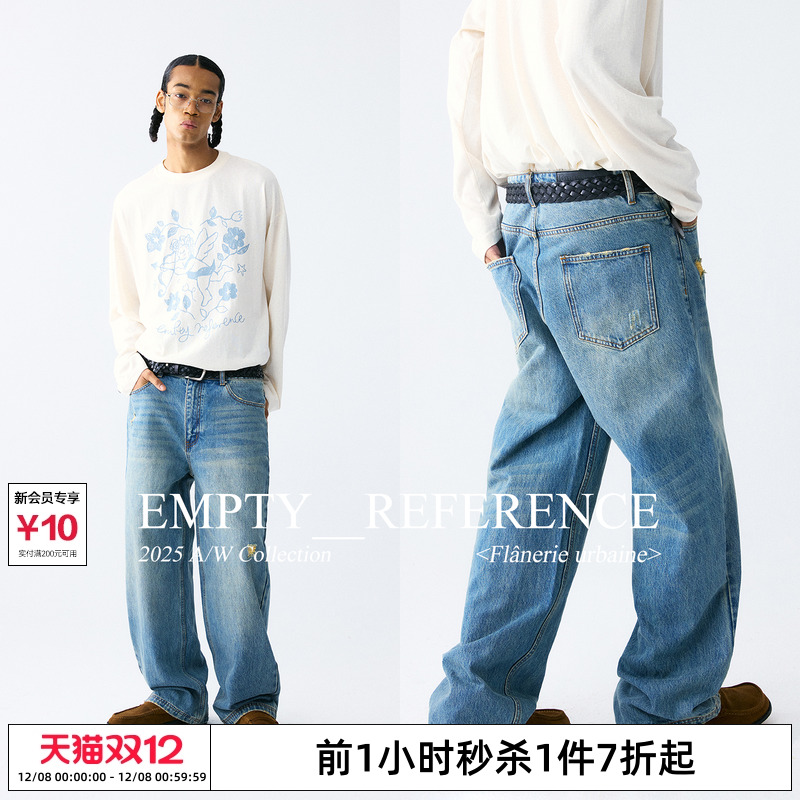 姚冠宇 EMPTY REFERENCE 宽松廓形复古水洗猫须破洞休闲裤牛仔裤