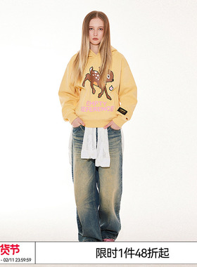 特惠6折起EMPTY REFERENCE美式原创斑驳小鹿字母印花长袖连帽卫衣