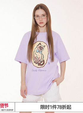 EMPTY REFERENCE美式复古原创暹罗猫手绘印花宽松上衣圆领短袖T恤