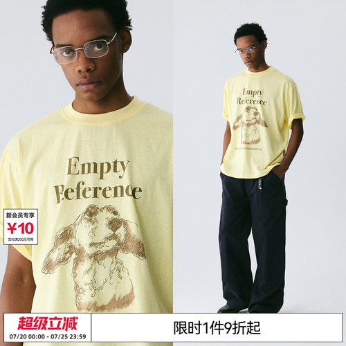 EMPTY REFERENCE奶油黄雪花肌理手绘可卡犬印花打底衫上衣短袖T恤