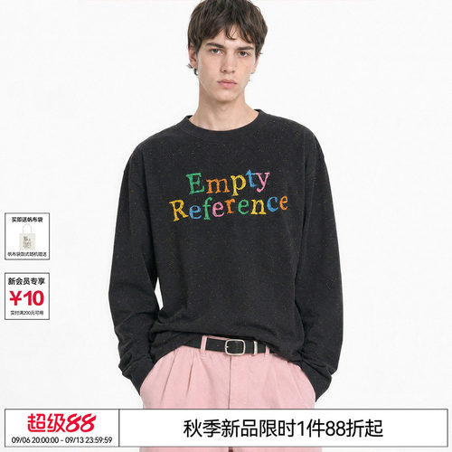 EMPTY REFERENCE黑色彩点纱手绘彩色字母印花复古休闲宽松长袖T恤